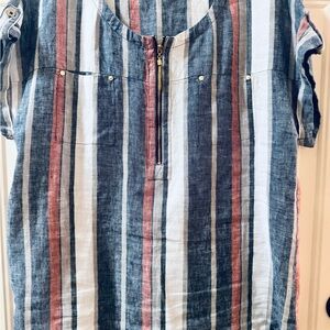 Ellen Tracy Blue and Red Striped 100% Linen Top Women’s Size Large